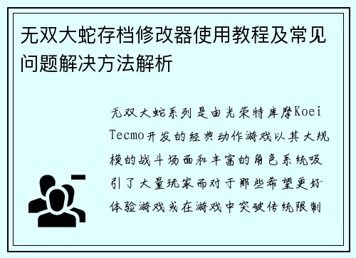 无双大蛇存档修改器使用教程及常见问题解决方法解析